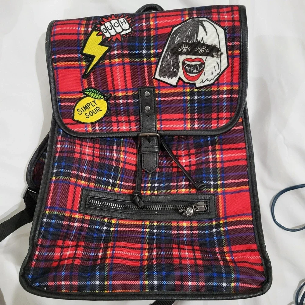 Disney Cruella Plaid Backpack Loungefly Style Red Tartan Patches One Size